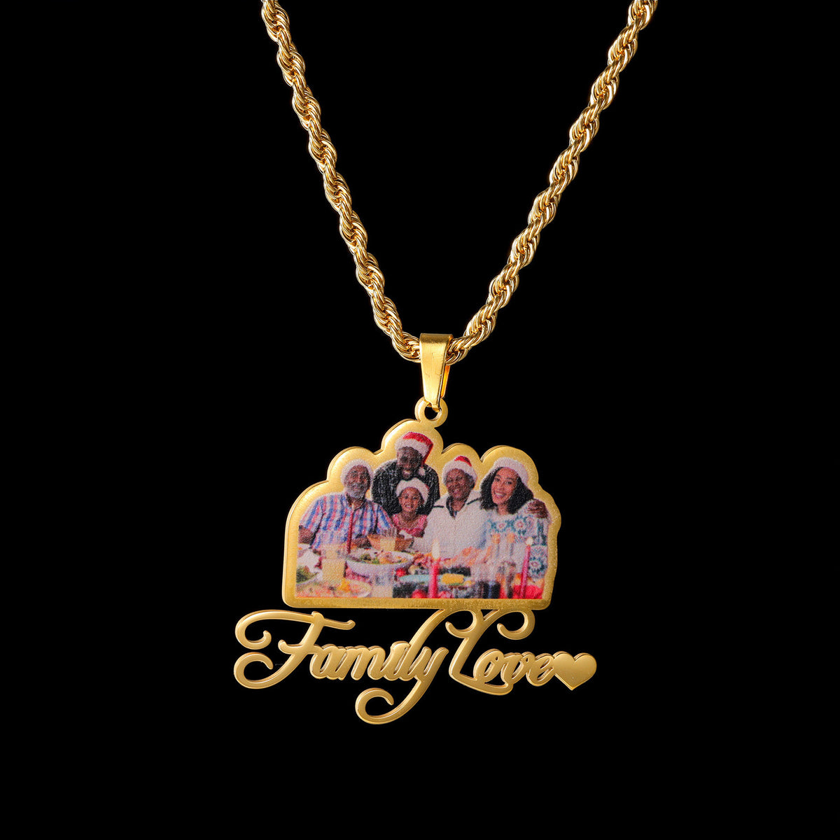 Gold rope chain necklace featuring a custom photo pendant of a family and script text reading "Family Love".