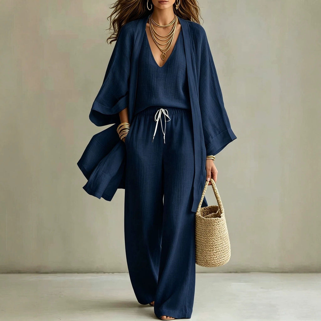 Women's 3-piece cardigan, sleeveless vest, and wide-leg pants matching set by FitiqueFit, styled together in a coordinated outfit.