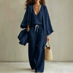 Women's 3-piece cardigan, sleeveless vest, and wide-leg pants matching set by FitiqueFit, styled together in a coordinated outfit.