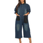 Color-Block Patchwork Denim Wide-Leg Jumpsuit