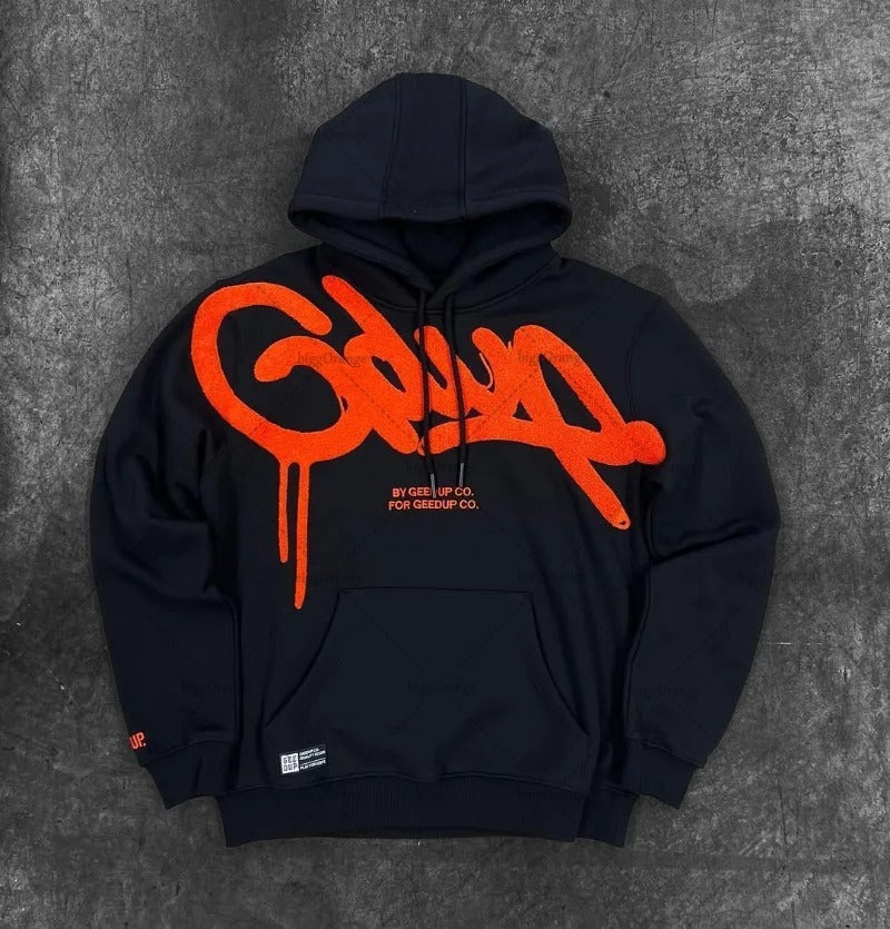 Unisex casual loose hoodie with embroidered letter design by Plush Fashion Hub, featuring a comfortable fit and soft fabric.