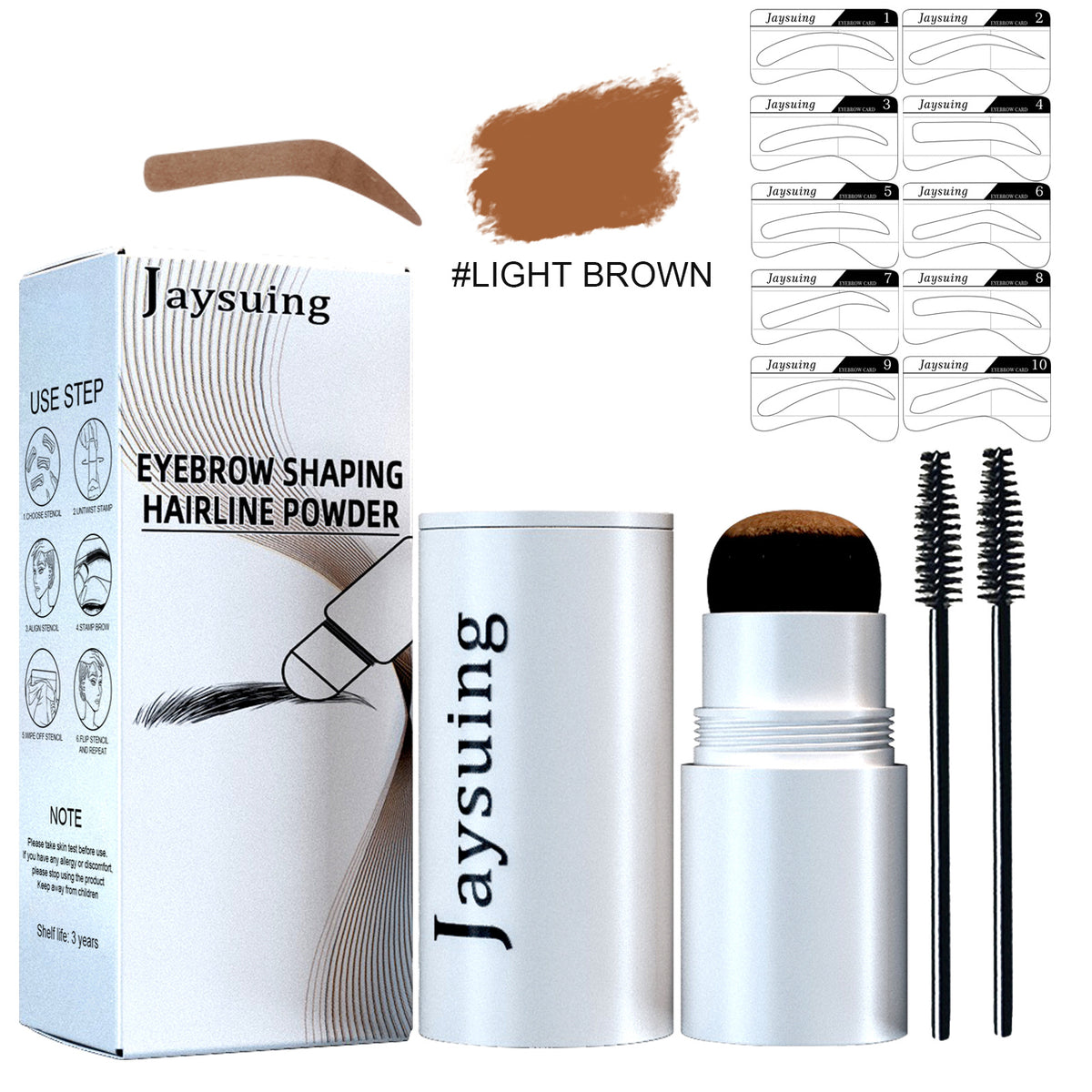 Jaysuing light brown eyebrow stamp and hairline powder kit with brushes, stencils, and box.