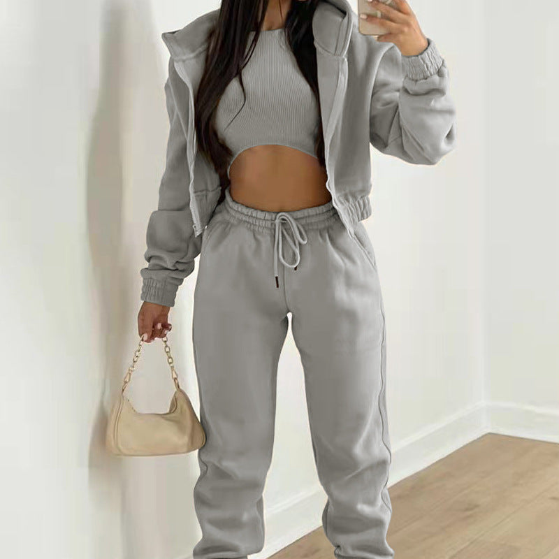 Eprolo cozy fleece-lined hoodie and lounge pants three-piece set, soft and comfortable for relaxing wear.