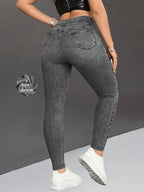 Retro denim-look butt-lifting yoga leggings by Plush Fashion Hub, high-elastic fitness pants with a stylish denim design.