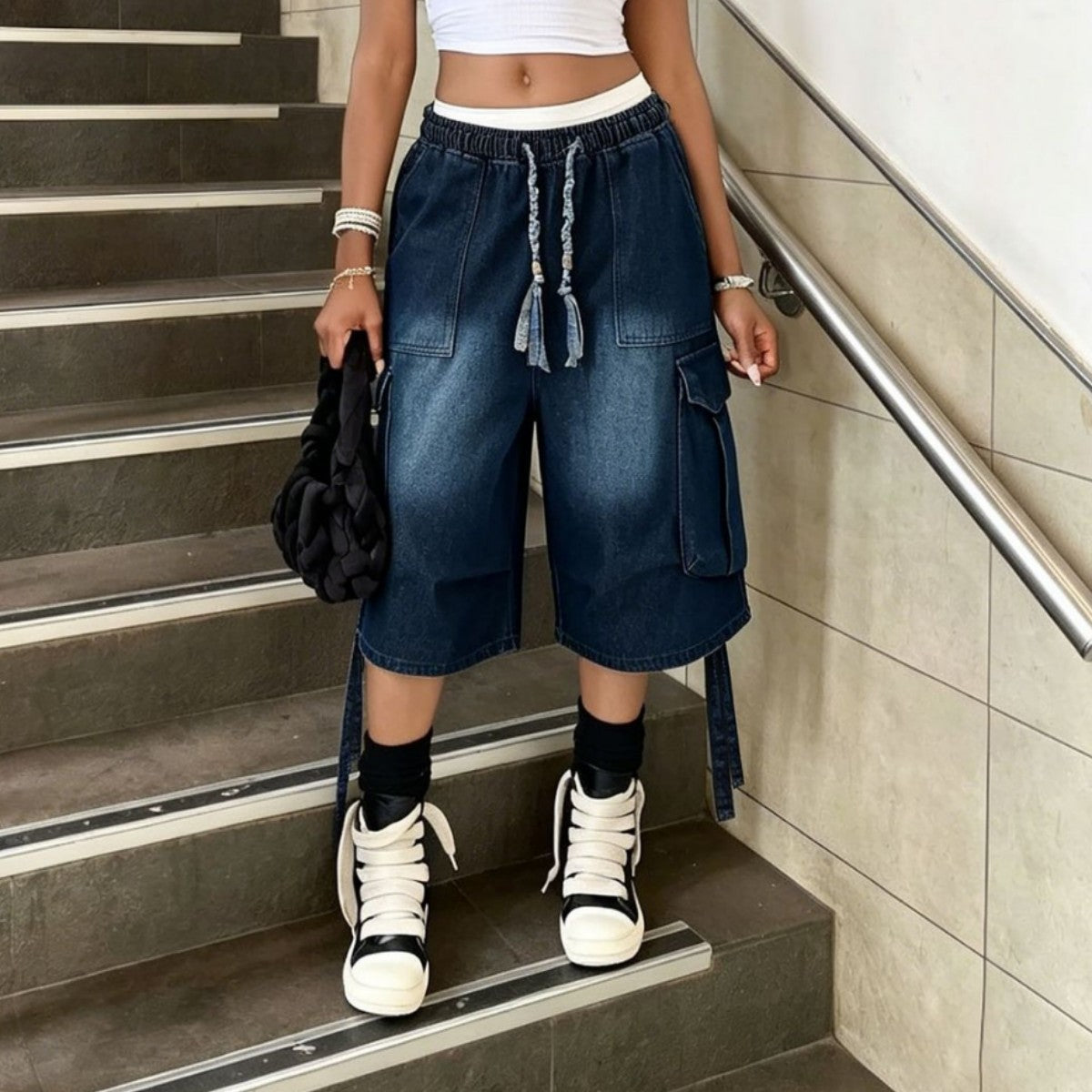 Women's Washed Denim Drawstring Elastic Waist Casual Pants