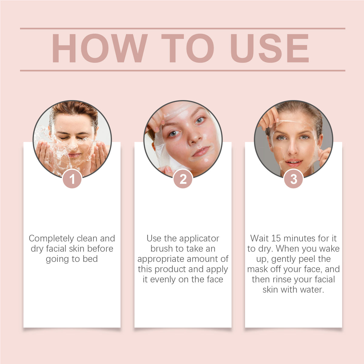 Infographic titled HOW TO USE with 3 numbered steps showing face washing, applying, and peeling off a facial mask.