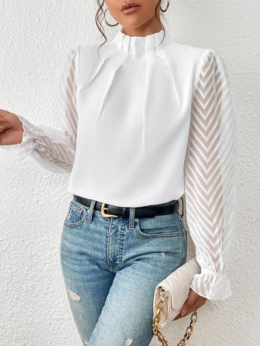 Plush Fashion Hub women's chiffon blouse with wave pattern, sheer long sleeves, mock neck, and ruffle cuffs.
