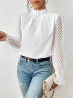 Plush Fashion Hub women's chiffon blouse with wave pattern, sheer long sleeves, mock neck, and ruffle cuffs.