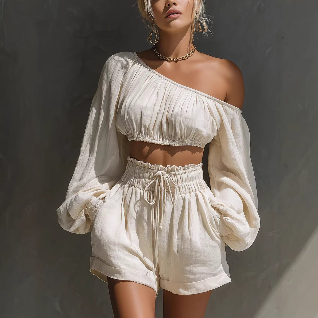 Shoulder long sleeved short top+high waisted casual shorts set for women