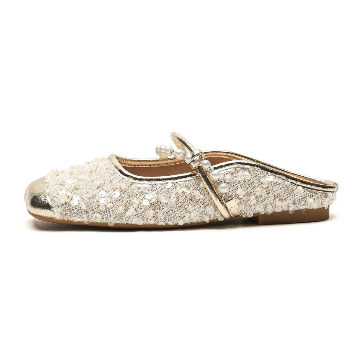 Pearl-embellished minimalist slide sandals by Plush Fashion Hub, featuring sleek design and comfortable flat sole.