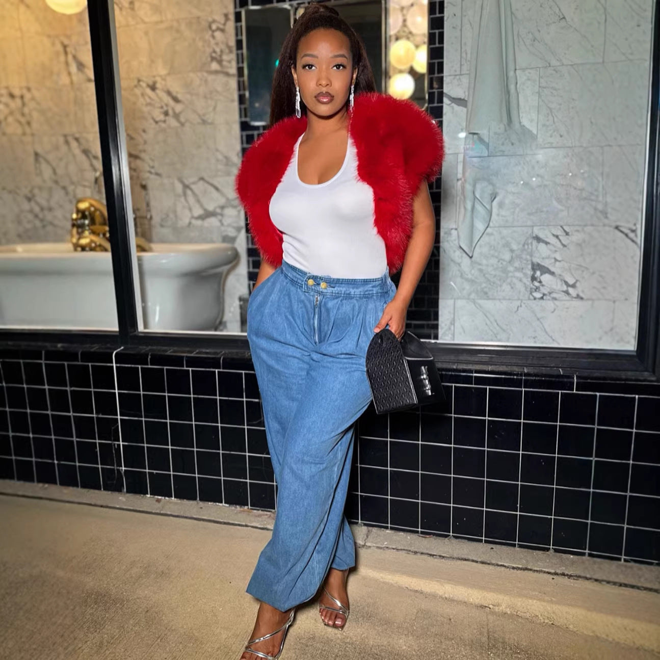Casual loose fit women denim jeans by Plush Fashion Hub with zipper cuff and elastic waistband, shown on a model.