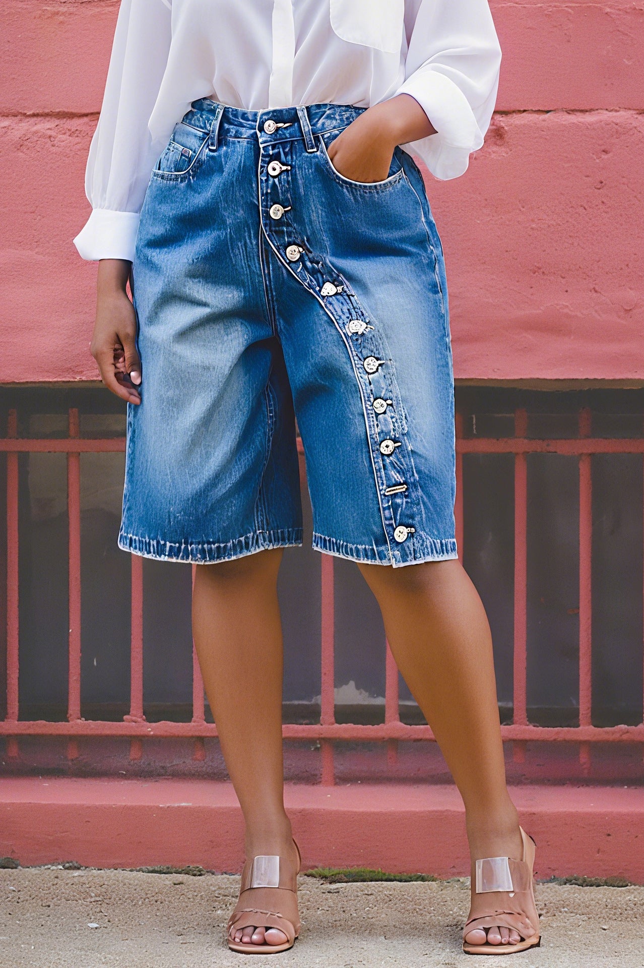 High-waisted plush fashion hub denim shorts with multiple buttons, stylish fit, and classic blue denim fabric.