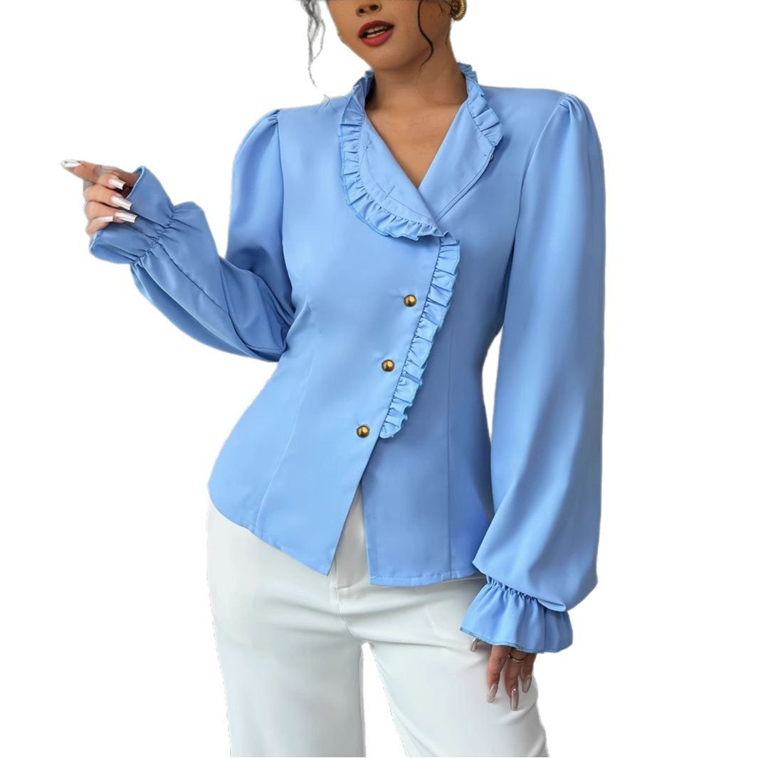 Elegant pleated long sleeve women's blouse by eprolo featuring a sophisticated designer style and classic fit.