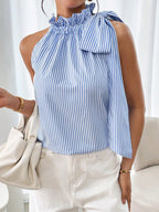 Women's sleeveless striped top by Plush Fashion Hub with ruffle high neck, lace trim, and tie-knot bow detail.