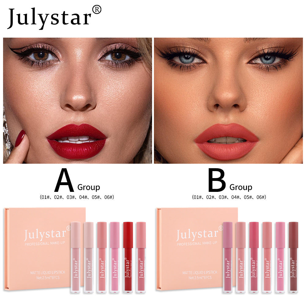 Two sets of six matte liquid lipsticks in pink and red shades, displayed with corresponding models.