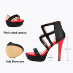 Black and red platform heels with bold strappy design, women's shoes by Trendy Attic Store01, showcasing stylish high-heeled sandals.