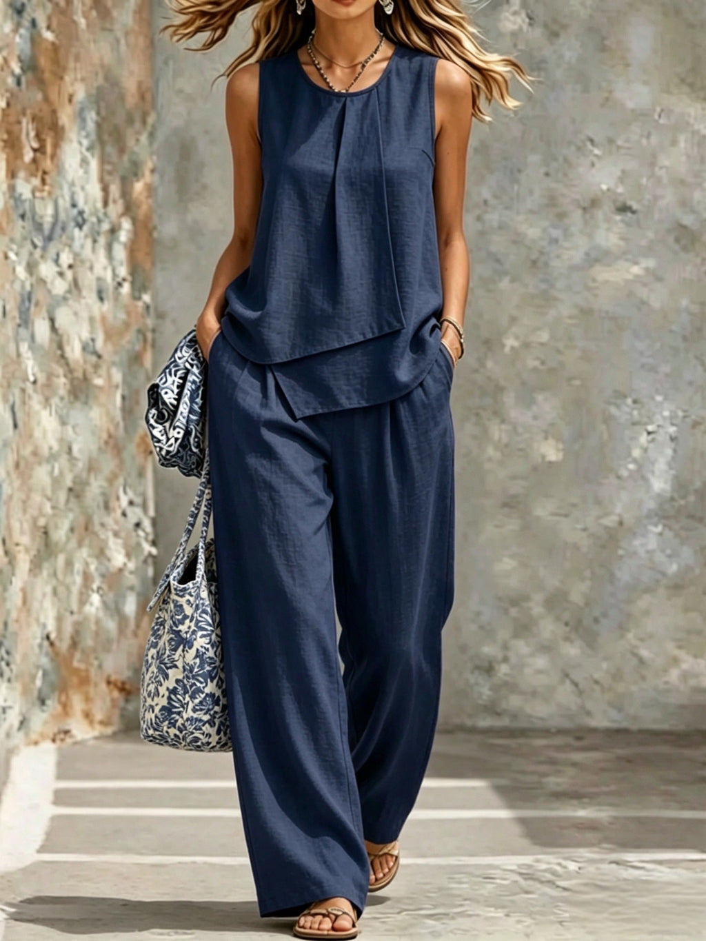 Women's sleeveless two-piece set from Plush Fashion Hub featuring solid color wide-leg pants and a matching sleeveless top.