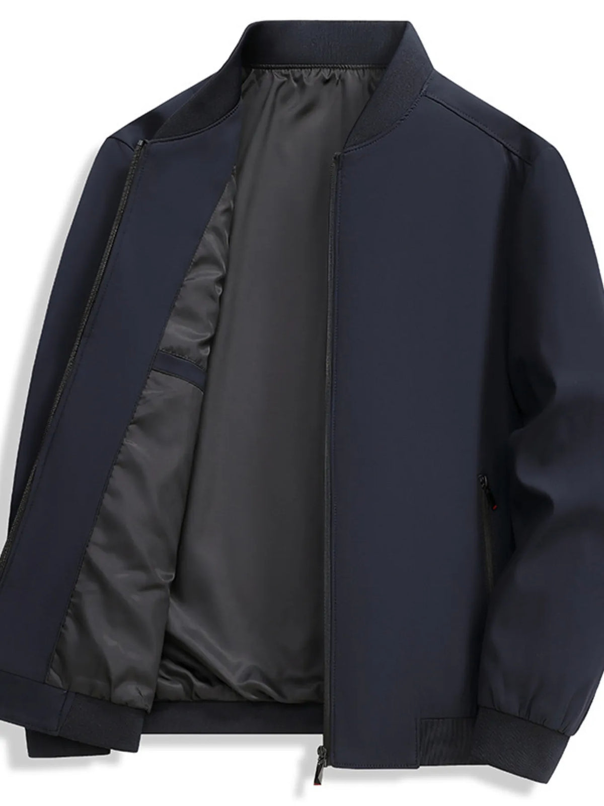Men's zip-up long sleeve jacket by Trendsi, shown in black with a front zipper and ribbed cuffs, casual men's jacket style.