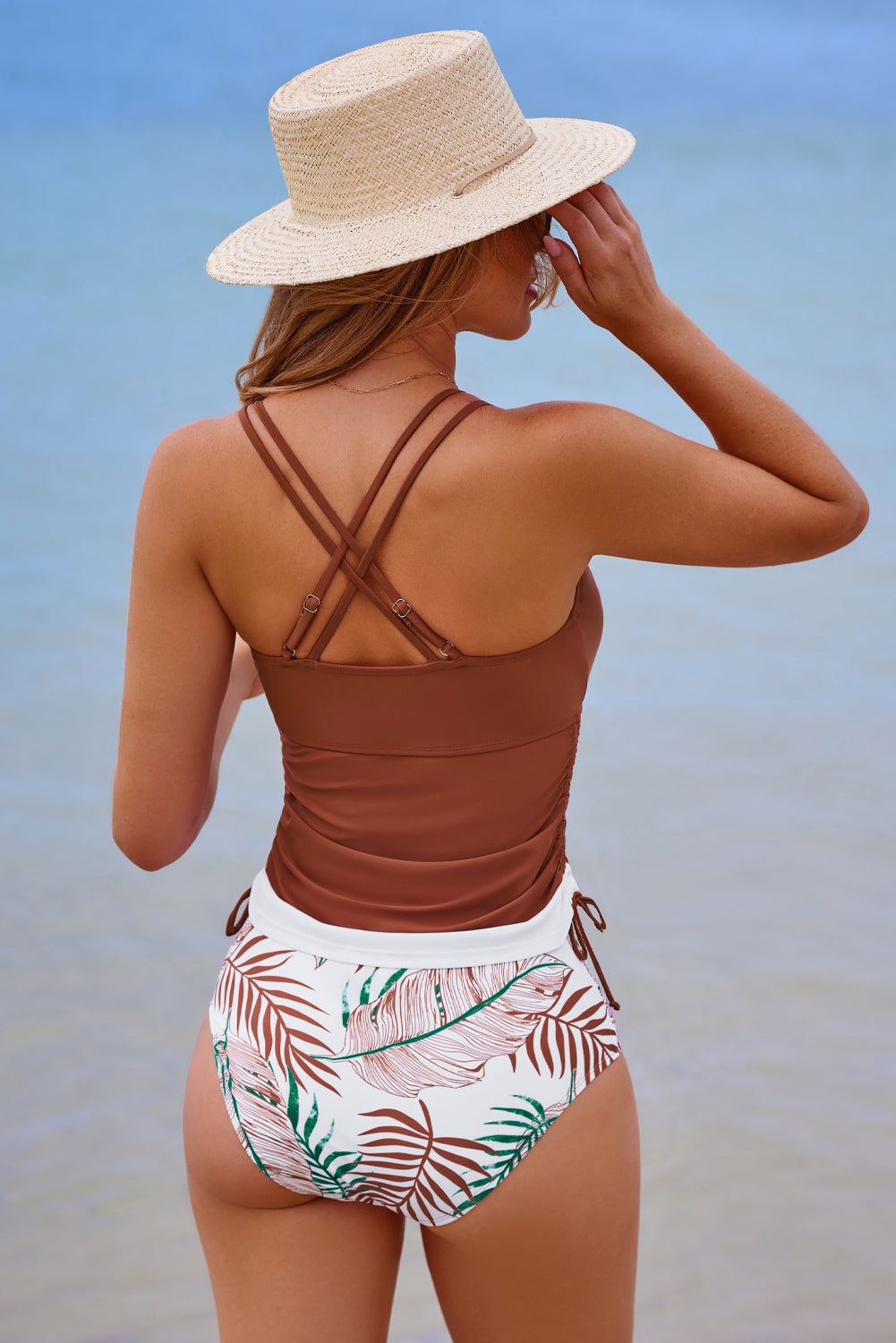 Threaded Pear Everlee Stripe Drawstring Tummy Control Tankini swimsuit with adjustable straps and supportive fit, featuring a stylish striped pattern.