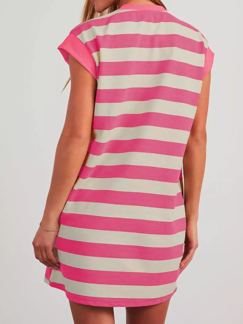 Plus size casual striped short sleeve mini dress from Trendsi, featuring a relaxed fit and trendy design.