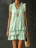Light blue FitiqueFit V-neck ruffle-trim tiered sleeveless midi dress, casualwear, shown on a mannequin.