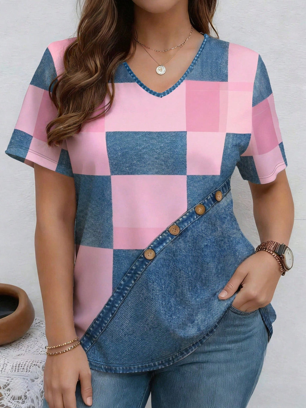 Plush Fashion Hub V-neck denim print short sleeve casual T-shirt with loose fit, perfect for relaxed everyday wear.