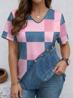 Plush Fashion Hub V-neck denim print short sleeve casual T-shirt with loose fit, perfect for relaxed everyday wear.