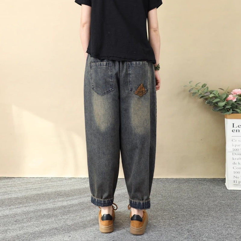 Women's patchwork embroidered cropped harem pants by FitiqueFit, featuring wide leg, high waist denim casualwear, detailed embroidery.