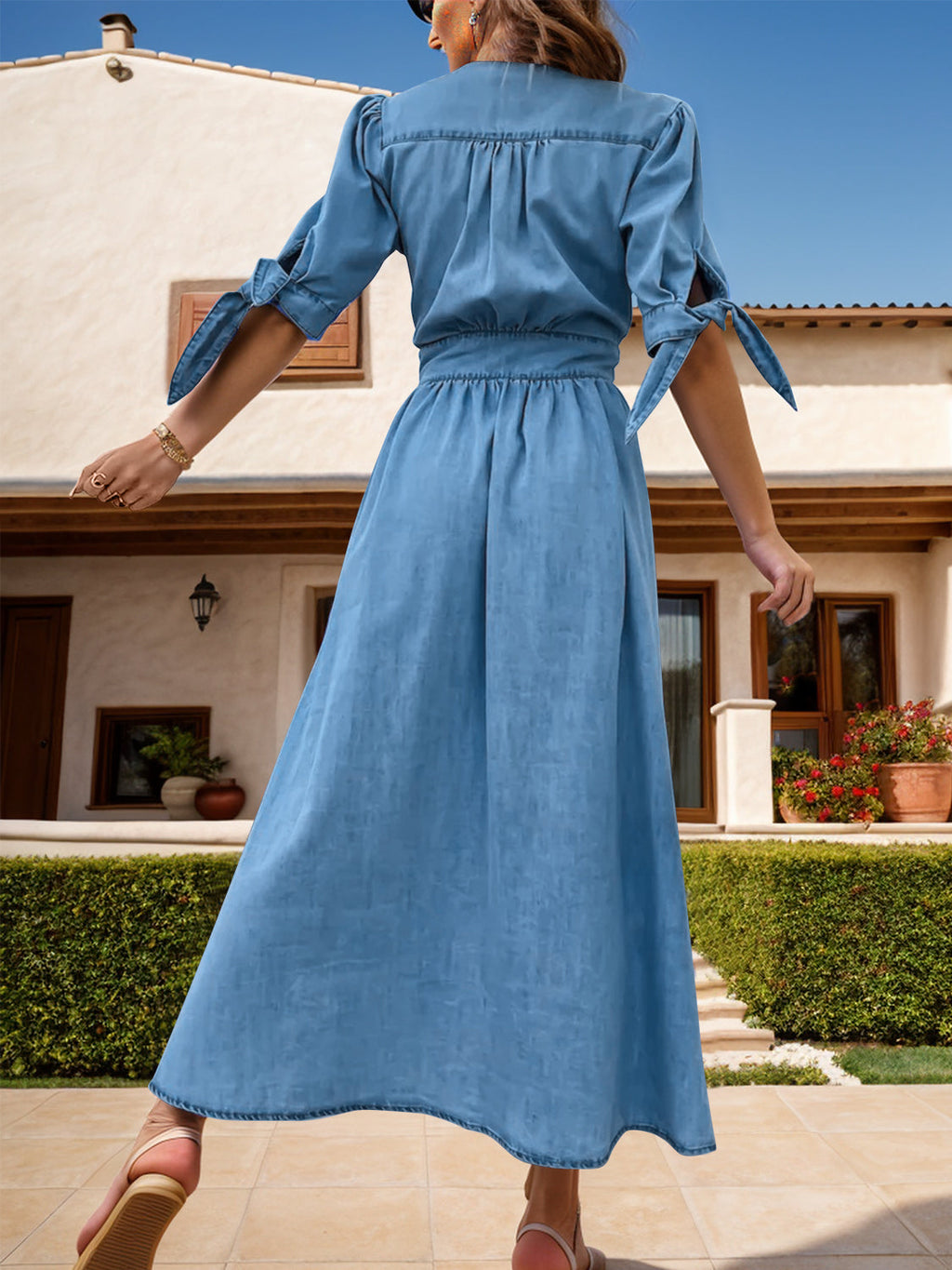 VYSN denim dress with plunge button-up front, half sleeves, and fitted silhouette, perfect for casual fashion style.