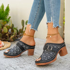Women's chic buckle detail block heel sandals in premium faux leather, stylish shoe by Trendsi featuring comfortable design.