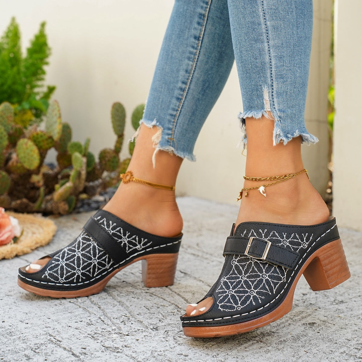 Women's chic buckle detail block heel sandals in premium faux leather, stylish shoe by Trendsi featuring comfortable design.