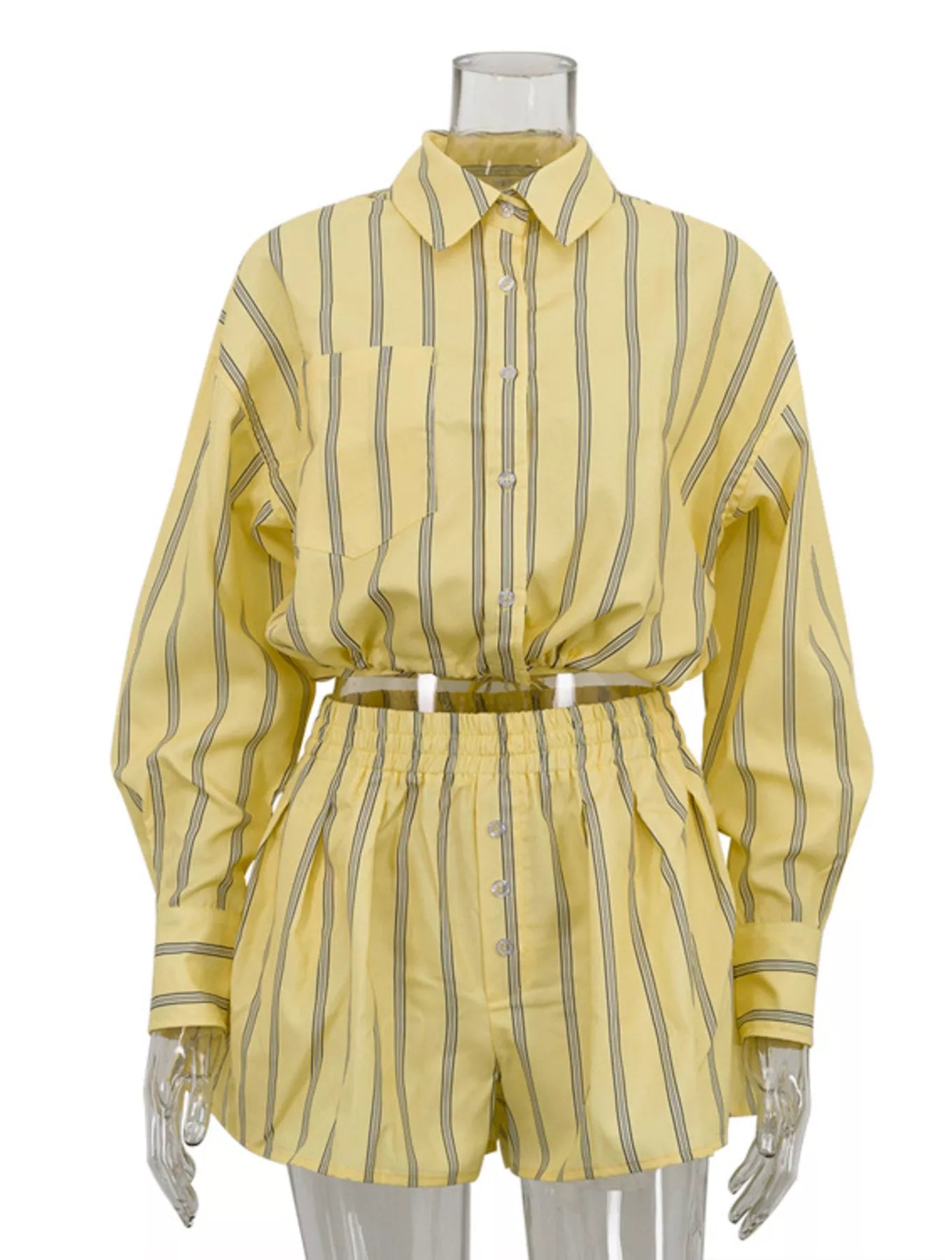 Shopimist striped button-up shirt and shorts set, featuring a stylish design with vertical stripes, perfect for casual wear.