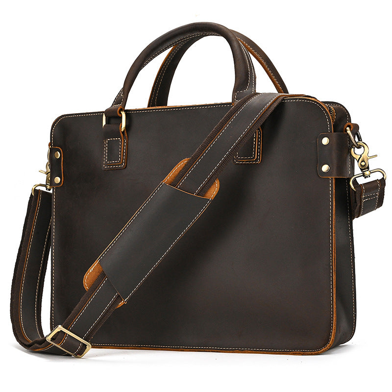 Retro Crazy Horse leather briefcase by Plush Fashion Hub, 14-inch commuter business bag with sturdy handles and vintage leather finish.