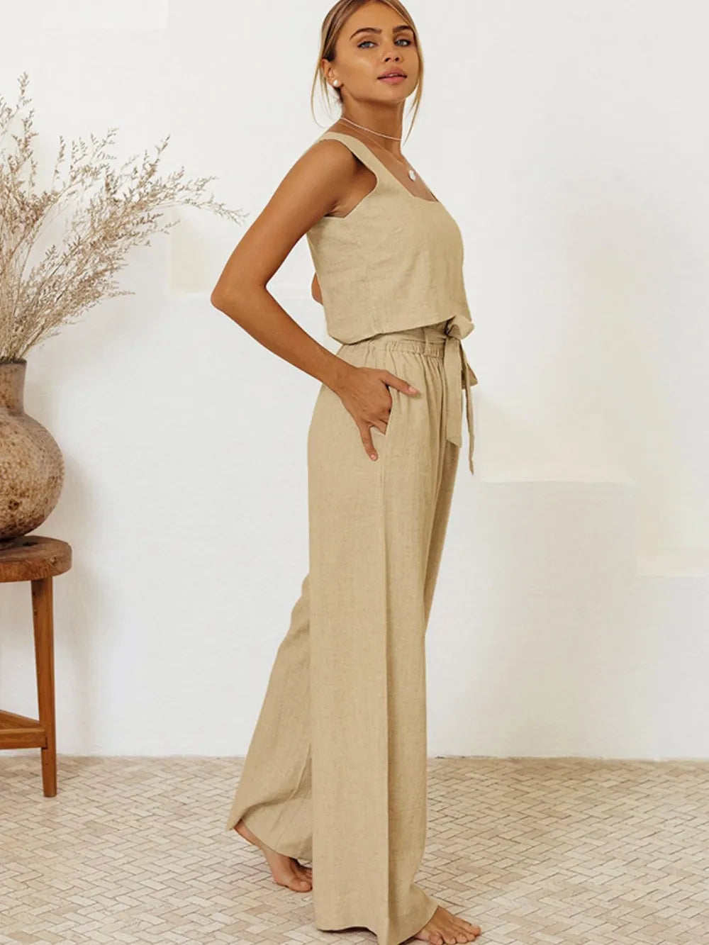 Shopimist square neck sleeveless top and pants set, featuring a stylish matching outfit with a fitted square neckline and sleeveless design.