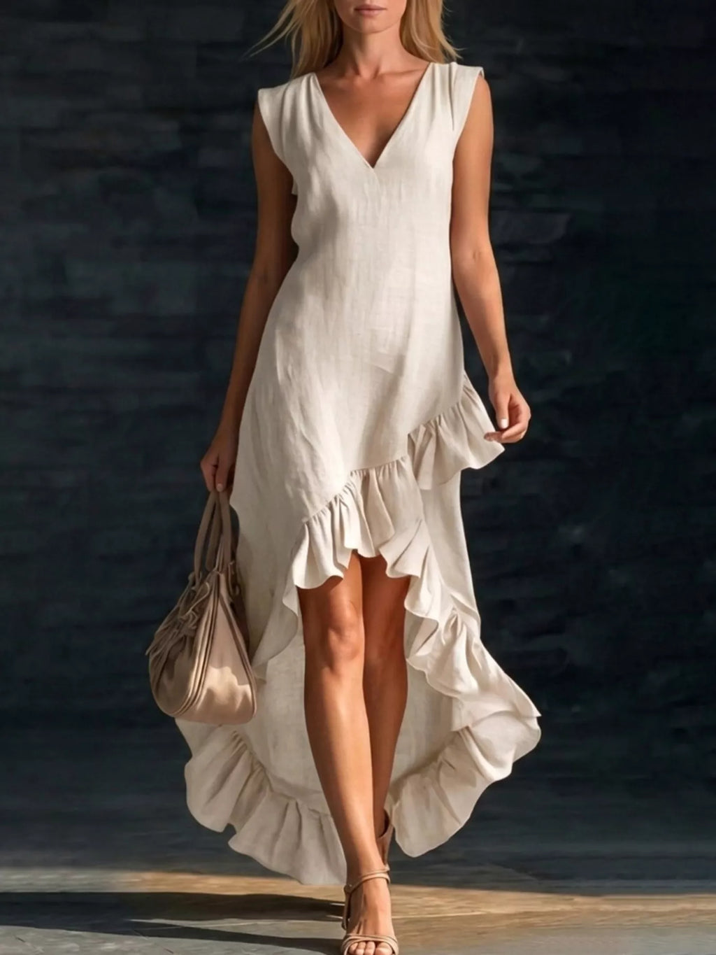 Plus size high-low V-neck dress with ruffle hem, featuring a flowy silhouette and stylish design by Trendsi.