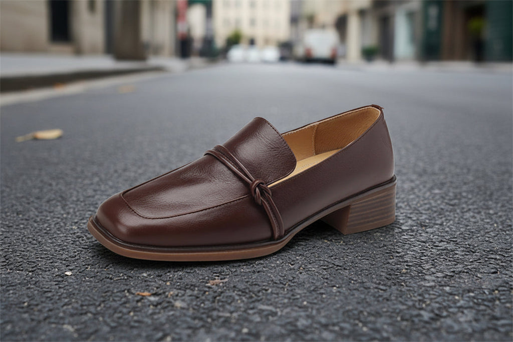 Women's retro minimalist leather mid-heel shoes by FitiqueFit, featuring a sleek design and comfortable mid-height heel.
