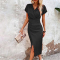 FitiqueFit split V-neck bodycon dress with slim fit, short sleeves, and a front slit, designed for a stylish, figure-hugging look.