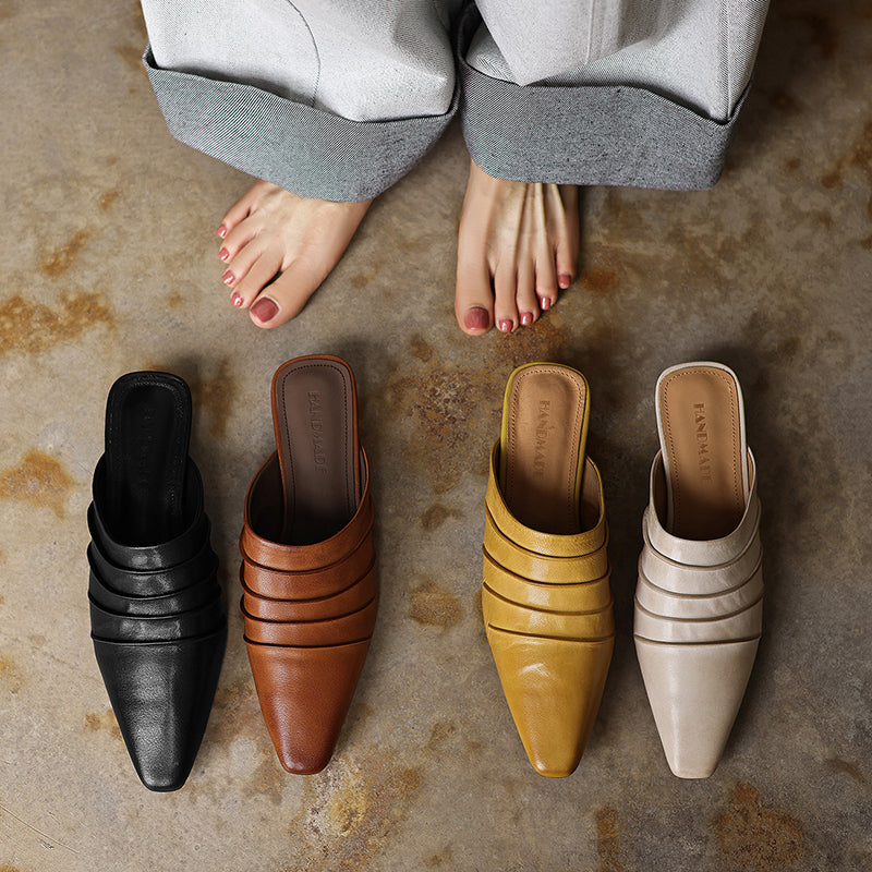 Handmade sheepskin ruched mule slides with square toe and low heel by FitiqueFit, featuring soft, textured sheepskin material.