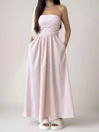 Striped strapless casual maxi dress from Simply Love, featuring a flowing design and bold horizontal stripes.
