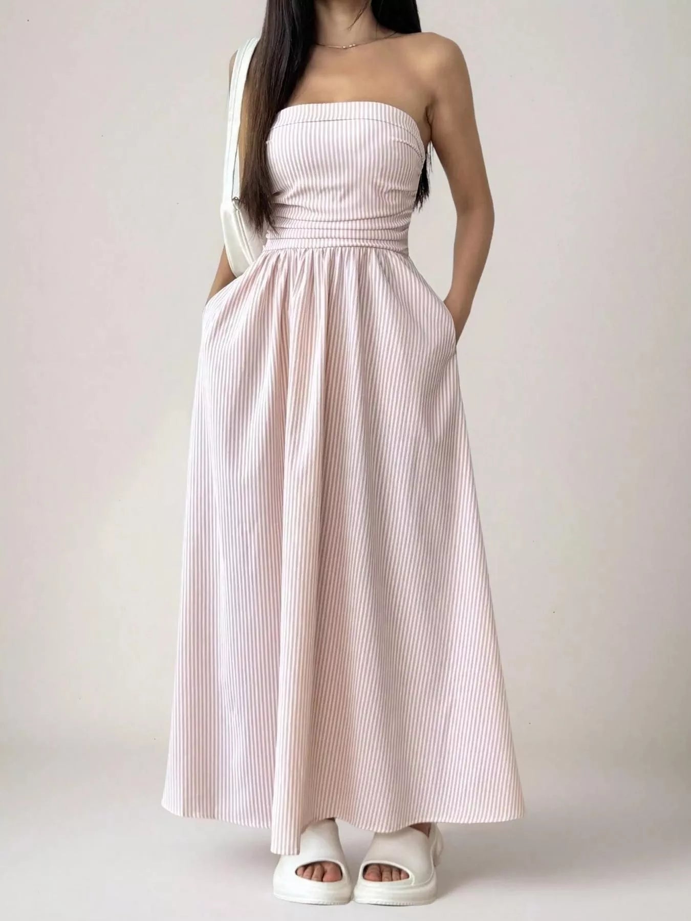 Striped strapless casual maxi dress from Simply Love, featuring a flowing design and bold horizontal stripes.