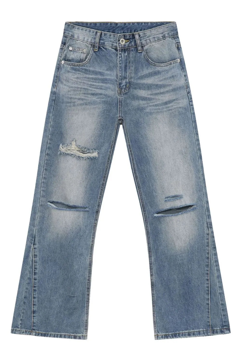 Men's distressed denim jeans by Plush Fashion Shop, showing front view with ripped details and casual fit.