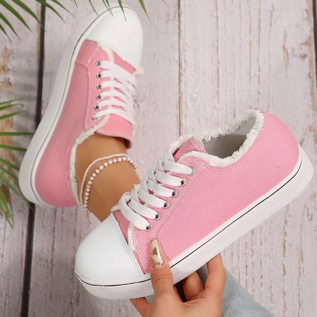 Women's lightweight lace-up canvas sneakers from Plush Fashion Hub, low-top flat shoes with breathable fabric and casual style.