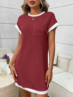 Contrast trim ribbed knit mini dress with functional pocket, stylish and fitted, from Trendsi, shown on a model.