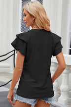 Trendsi eyelet notched flutter sleeve T-shirt featuring a relaxed fit, eyelet details, and flutter sleeves, shown in a stylish casual top.