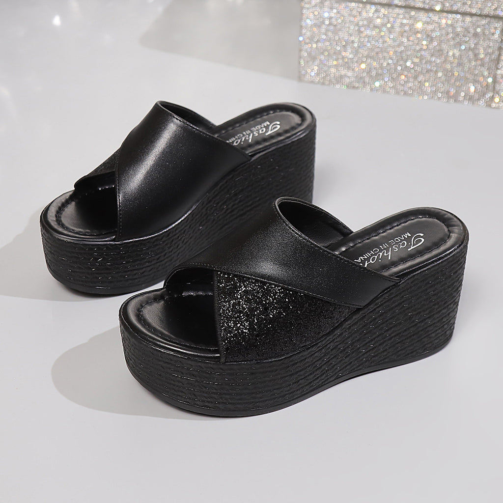 Women's open toe platform wedge sandals by Trendsi, featuring faux leather straps and comfortable high heel design.