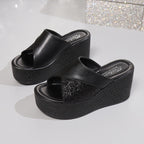 Women's open toe platform wedge sandals by Trendsi, featuring faux leather straps and comfortable high heel design.