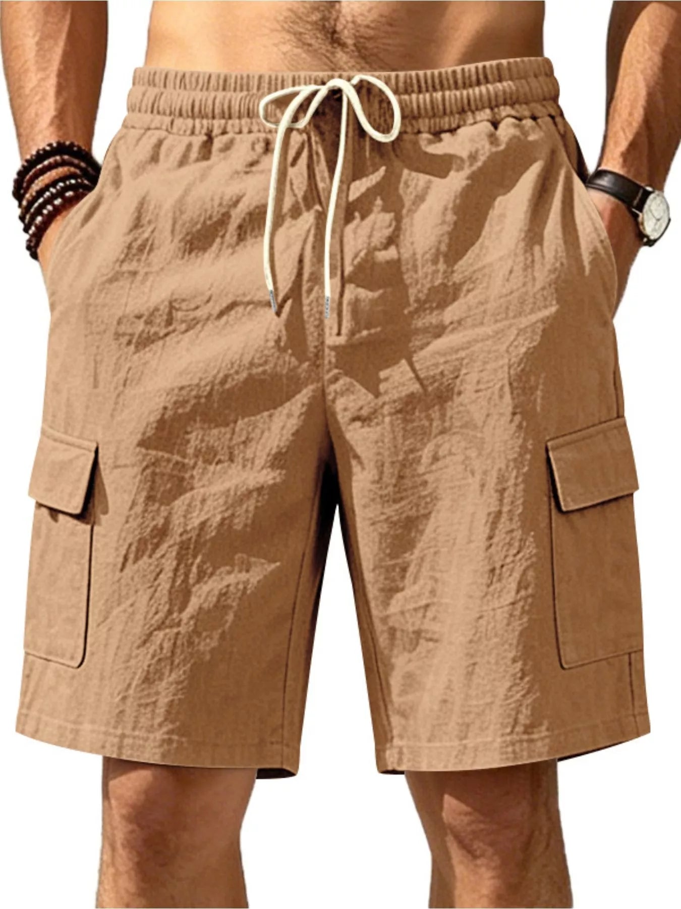 Men's plus size casual cargo shorts with drawstring waist from Trendsi, featuring multiple pockets and relaxed fit for everyday wear.
