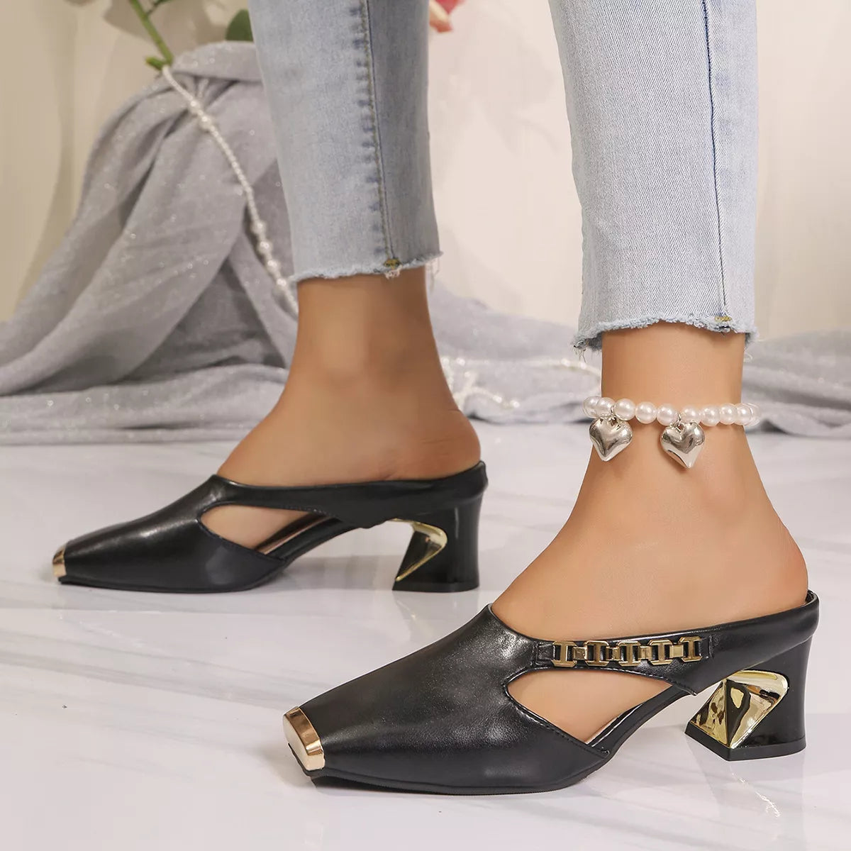 Plush Fashion Hub square toe block heel sandals with sleek straps, stylish footwear for casual or dressy occasions.