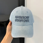 American Retro Washed Denim Peaked Cap by Plush Fashion Hub, vintage Korean-style baseball hat with distressed denim and curved brim