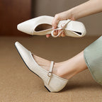 Women’s floral detail pointed toe low square heel flats by FitiqueFit, featuring buckle closure and elegant dress shoe design.